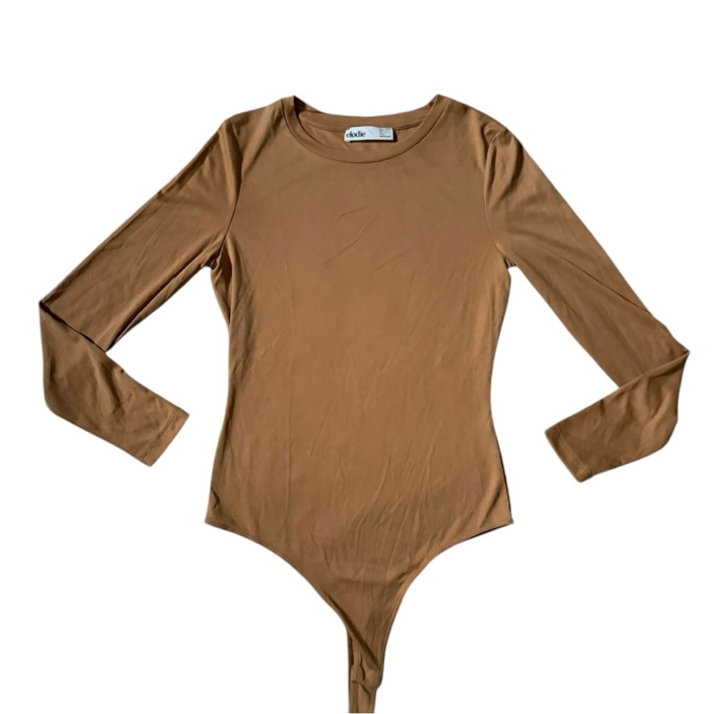 ELODIE Tan Ribbed Crewneck Long Sleeve Thong Bodysuit NWOT